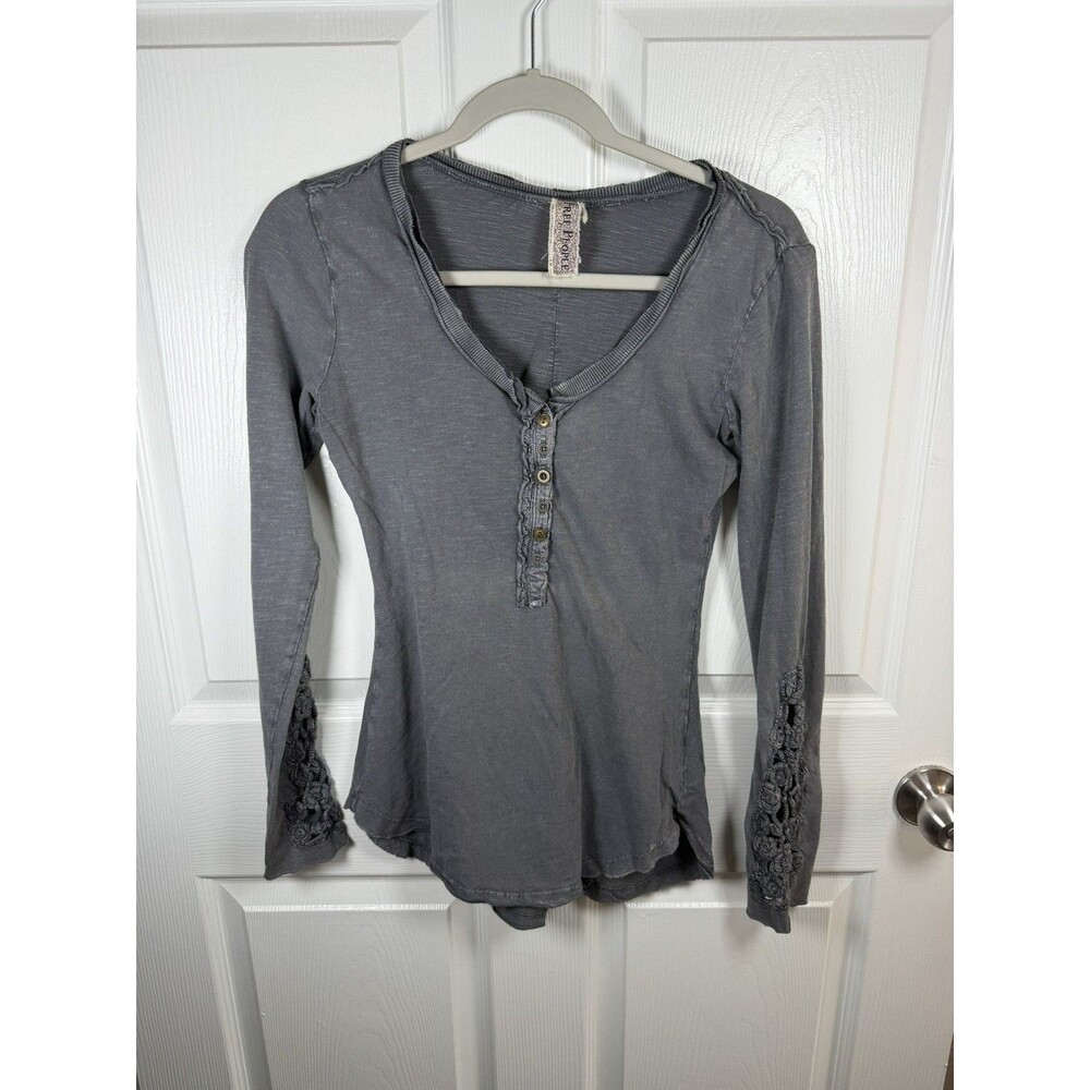 Free People S Gray Embroidery Henley Long Sleeve Boat Neck Button Top Cotton Y2K